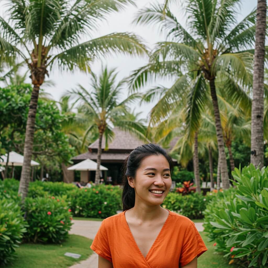 Smiling Asian woman wearing an orange top, with a background representing the travel and hospitality industry