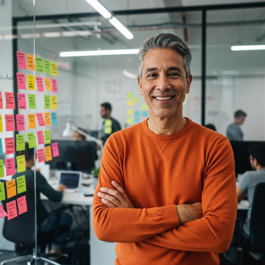 Smiling middle-aged man wearing an orange top, with visuals representing the startup and SaaS industry behind him