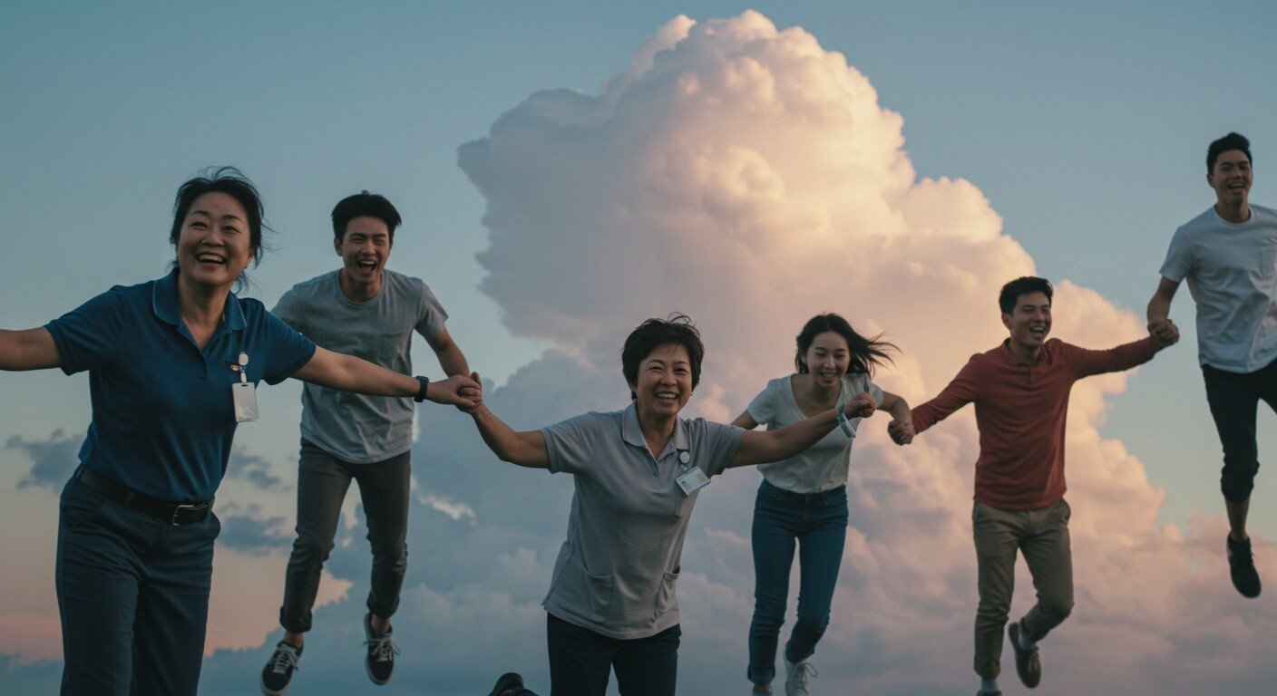 customer employee smiling flying cloud