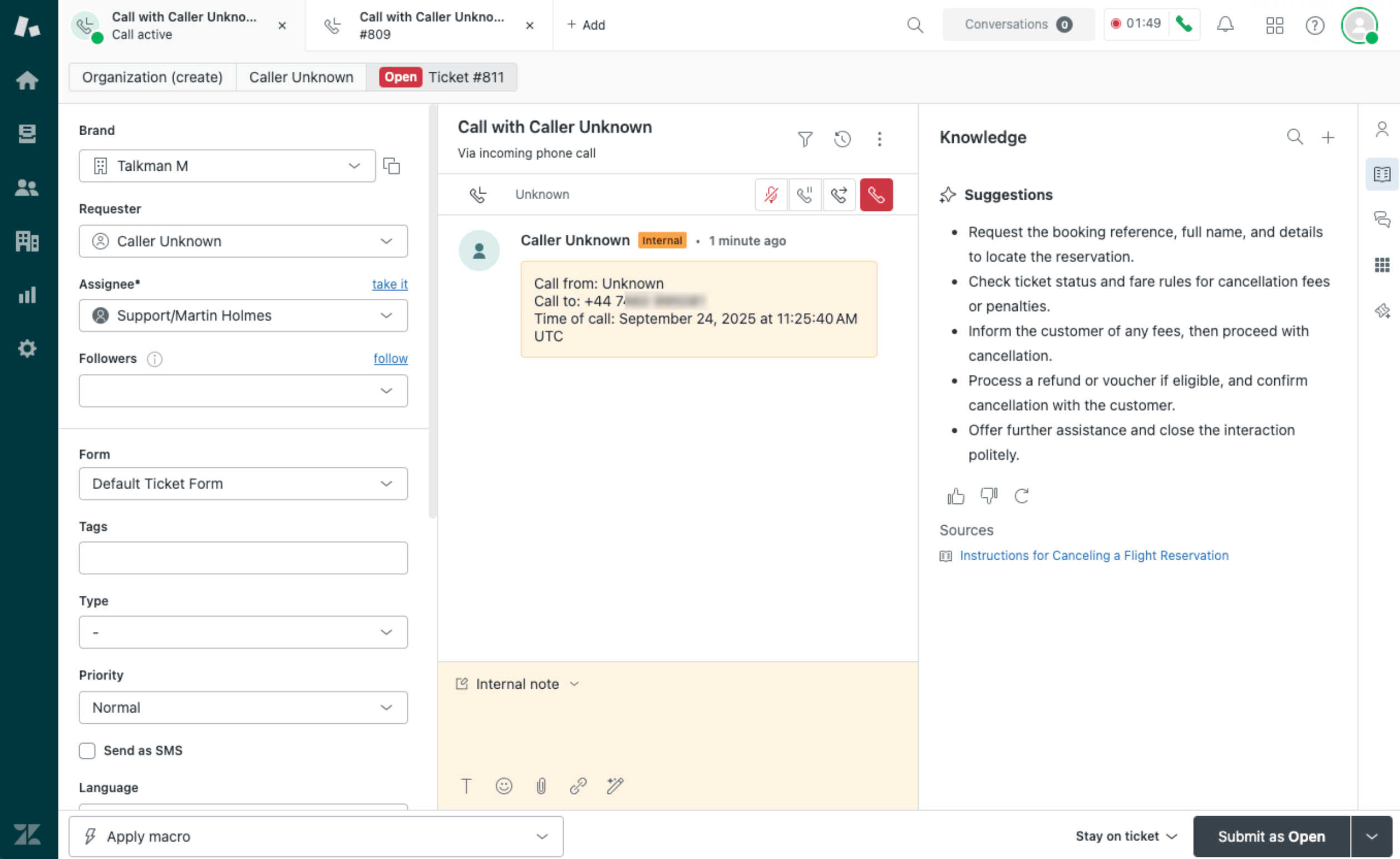 Unknown Caller Zendesk