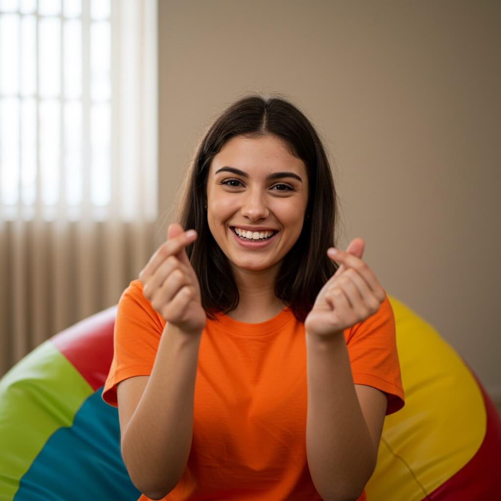 Happy woman wearing an orange t-shirt, doing a finger heart gesture, with a bean bag behind her