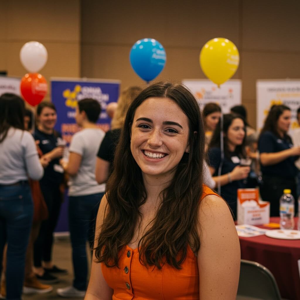 Smiling woman wearing an orange jumper, with a not-for-profit fundraising event in the background