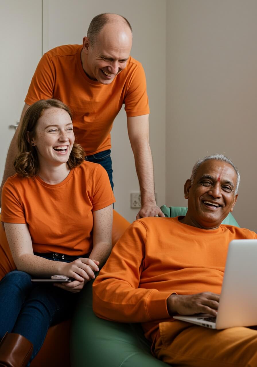 Three happy people wearing plain orange jumpers and t-shirts, with one person working on a laptop while sitting on a bean bag