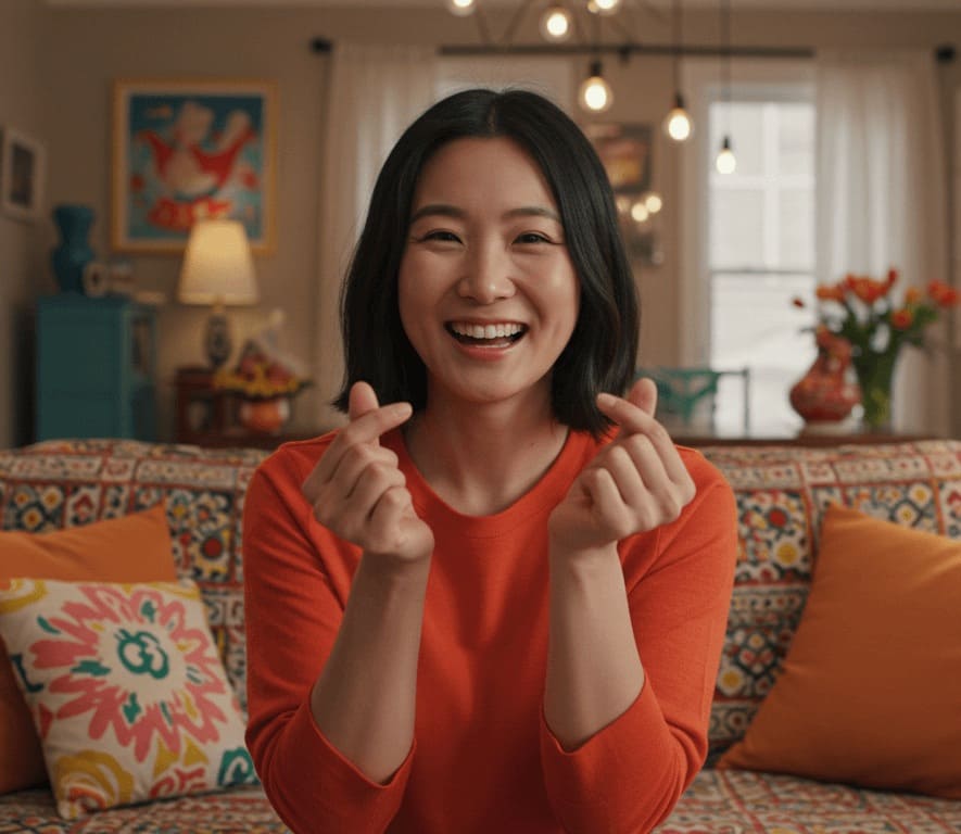 Smiling customer forming a love sign with hands in a cozy living room